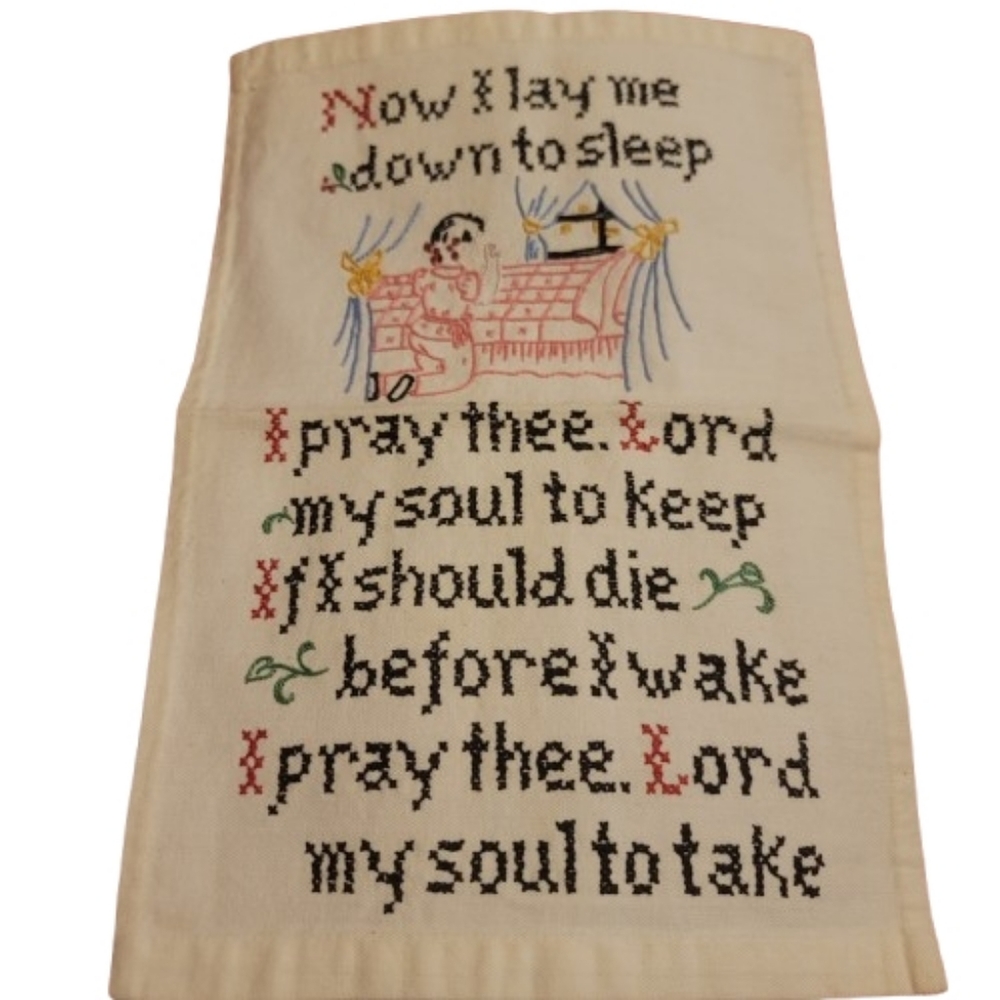 Vintage Betsy Ross Needlepoint Cross Stitch “Now I Lay Me Down” Wall Hanging